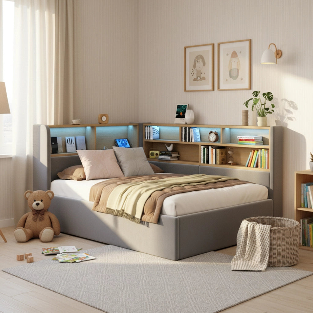Letto con contenitore idraulico, imbottito in velluto grigio, con LED, USB e Type-C, struttura integrata, senza materasso
