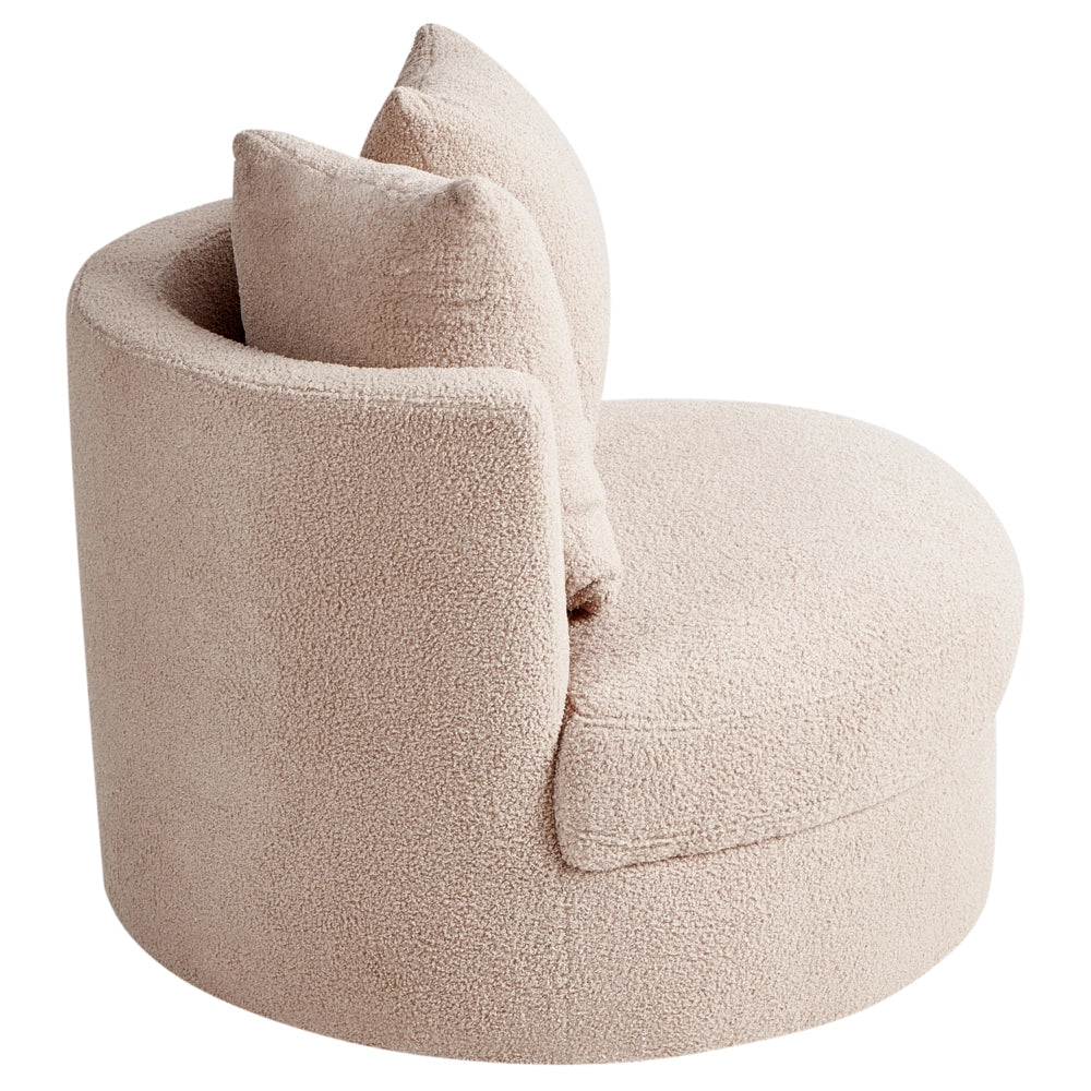Poltrona Beige in boucle con base girevole in ferro Due cuscini sfoderabili Schienale rotondo Soggiorno moderno in stile glam