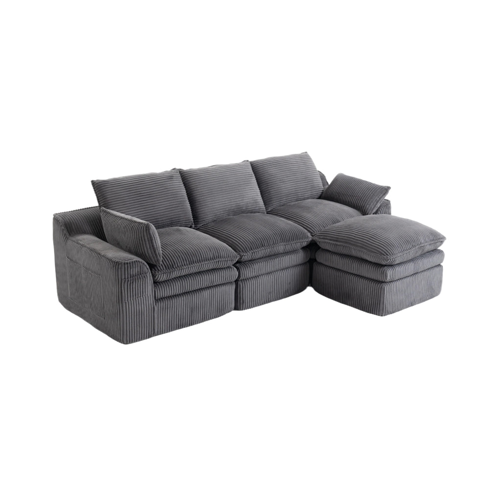 Divano modulare in velluto a coste grigio scuro con pouf