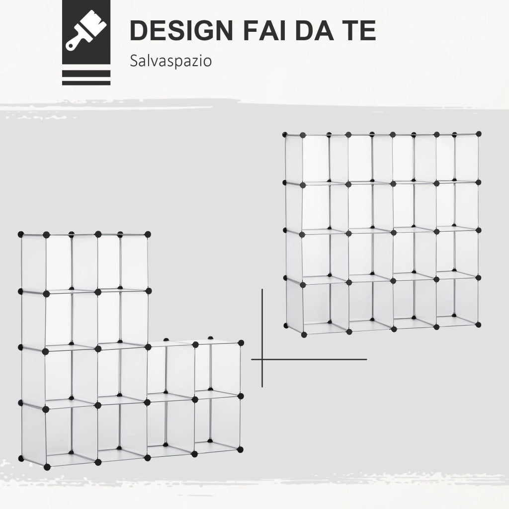 Scarpiera Modulare 125x32x125 cm 16 Cubi in Plastica e Acciaio Trasparente