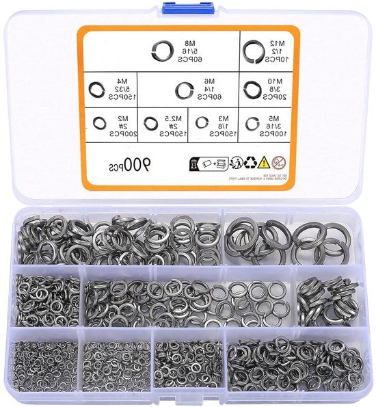 Set di veerschijven premium da 900 pezzi | Veerschijven in acciaio inossidabile | Afdichtingen elastiche per viti e viti | Dimensioni 2#, 1/8", 5/32", 3/16", 1/4", 5/16", 3/8", 1/2