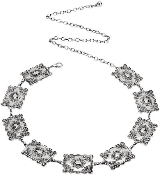 Raccordo a cinghia 23,6 cm - Cinghia metallica - Catena a ghiera argentea antica - Accessorio femminile - Gonna/abito occidentale - Stile tibetano - Cintura