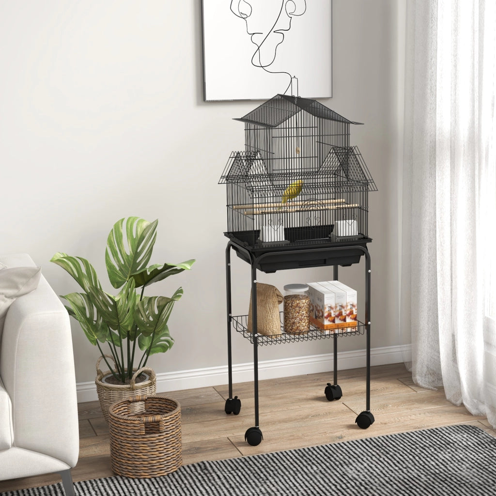 Gabbia per Uccelli Design con Mangiatoie, Trespoli e 3 Porte ¨C zephmum ¨C Nero