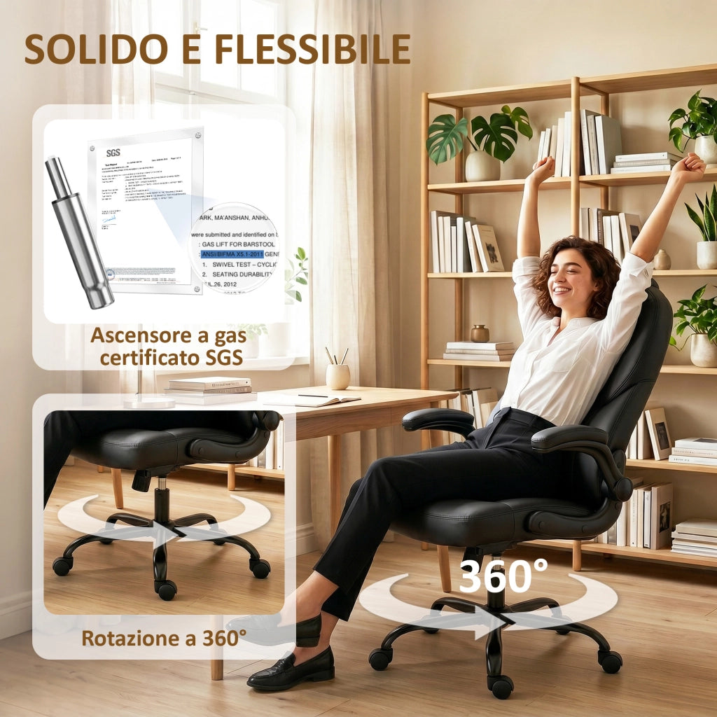 Sedia Ufficio Girevole 71x71x120-130 cm Funzione Dondolo Braccioli Ribaltabili Schienale Alto in Pelle PU Nero
