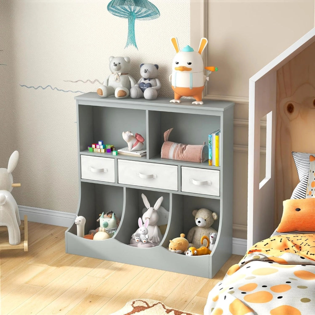 Mobile portaoggetti multiuso per libri e giocattoli, armadietti di 2 diverse dimensioni, armadio per bambini, libreria aperta con 3 cassetti, 93 x 40 x 94 cm (grigio) (QF53080PAFR)