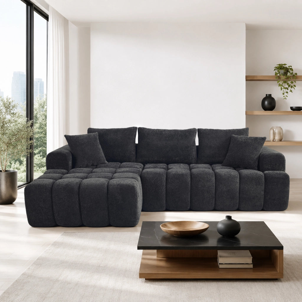 Divano angolare convertibile a L; stile moderno; nero e grigio