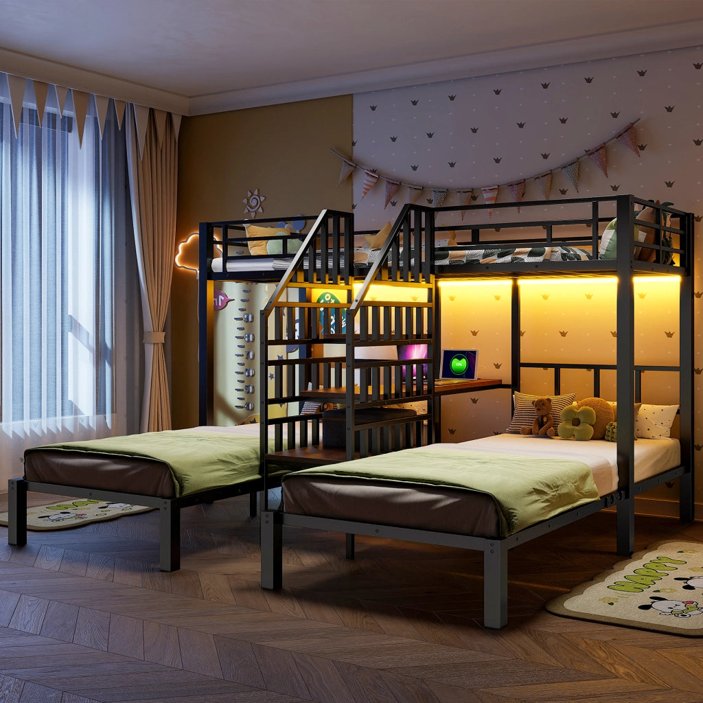 LETTO a castello 90x200 cm in metallo nero con LED, scrivania e USB