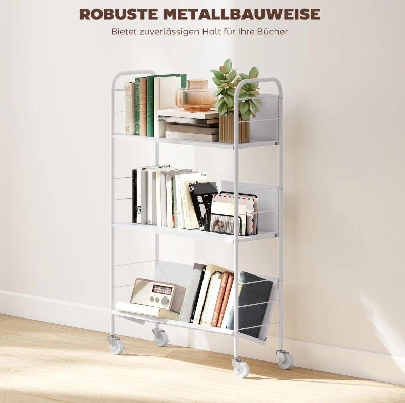 Libreria bianca 69x26x108 cm a 3 ripiani con ruote, struttura in metallo,