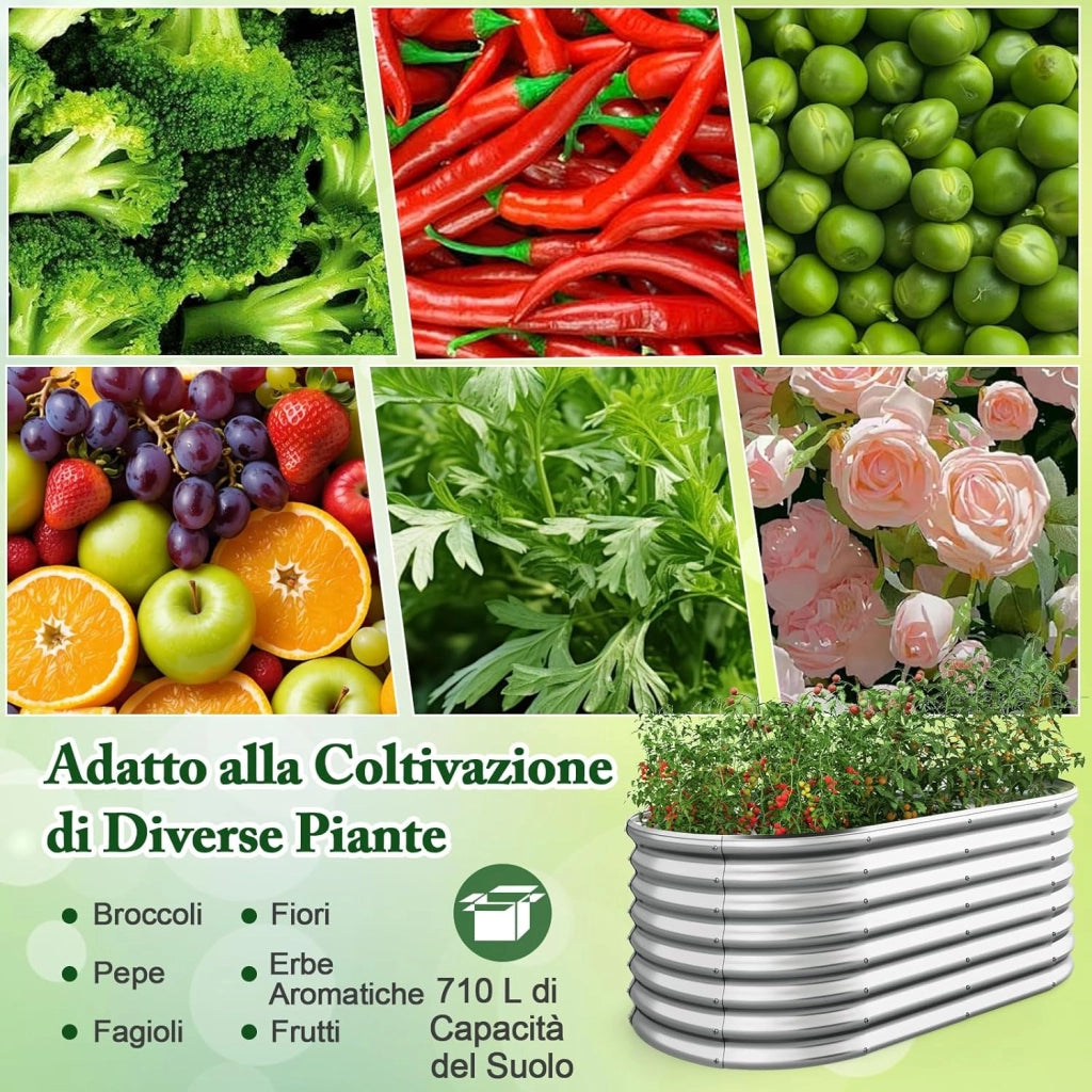 Letto da Esterno Rialzato in Metallo, Aiuola Rialzata in Ovale con Design a Fondo Aperto, Protettori d'Angolo Rinforzati, Orto Rialzato da Esterno per Verdure, Fiori, Erbe Aromatiche (Argento)