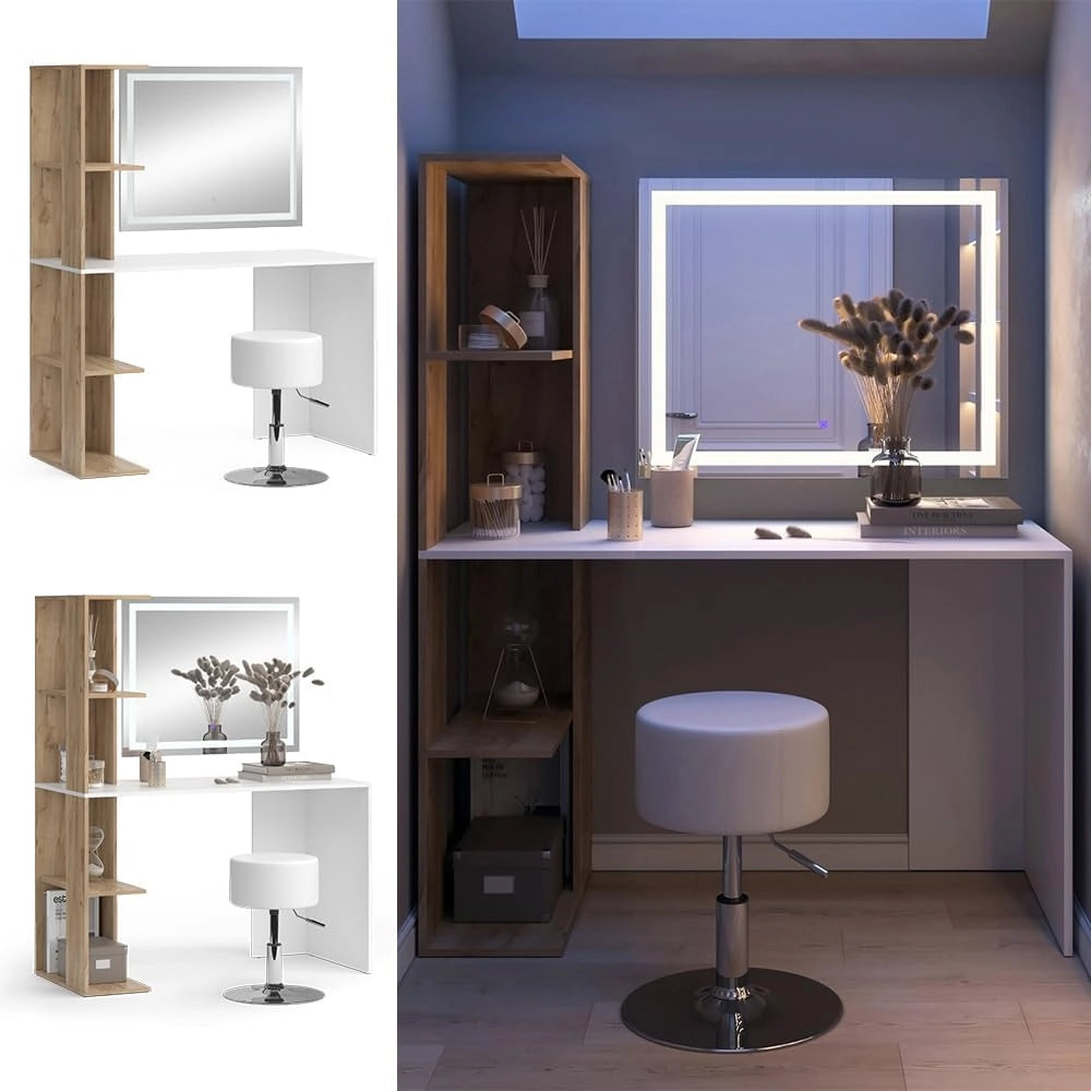 Tavolo da toeletta Tower, Bianco/Sonoma, 122.2 cm con specchio LED e sgabello, Superfici decorative per profumi e oggetti preferiti