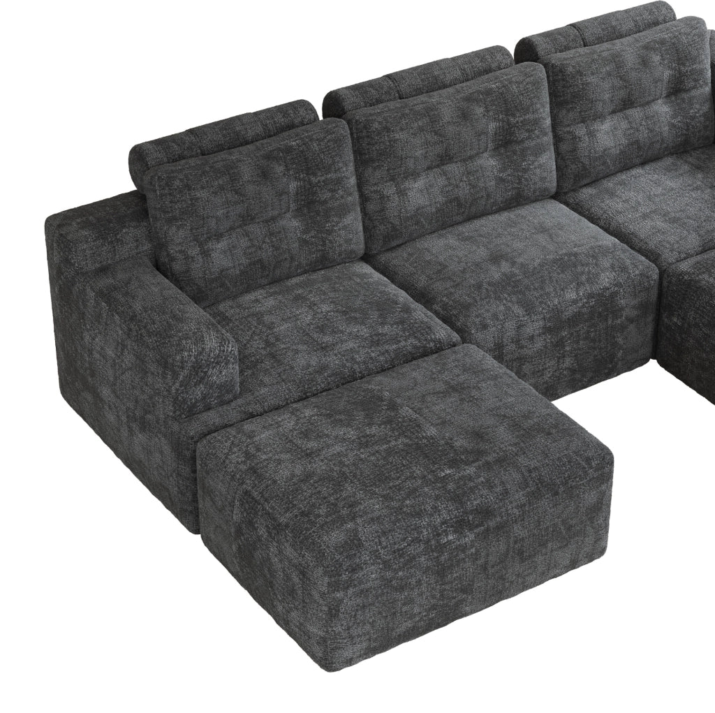 Divano modulare 5-6 posti in ciniglia grigio con pouf