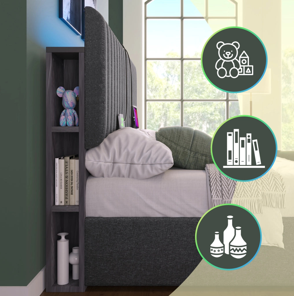Letto matrimoniale 160x200 cm con LED, USB-C e contenitore