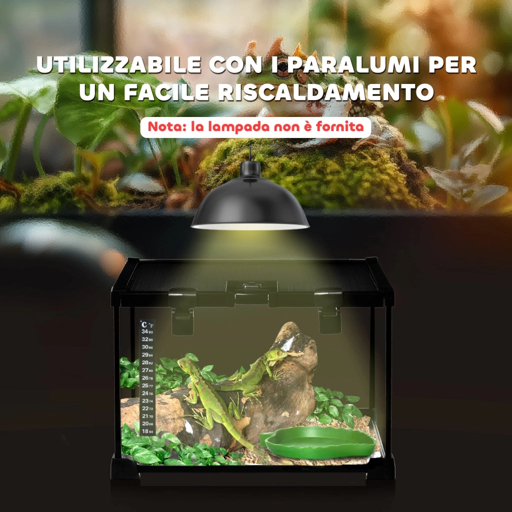 Terrario per Rettili 30x30x20 cm Rialzato con Serratura e Termometro in Vetro e Rete Metallica Nero