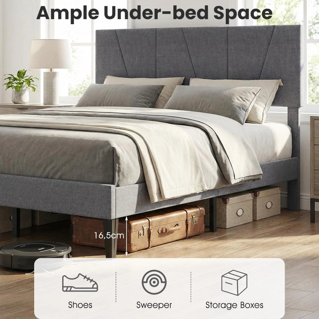 Telaio letto imbottito per 2 persone, testiera regolabile su 3 livelli, 10 doghe in legno e spazio di archiviazione, montaggio semplice, supporta fino a 360 kg, grigio scuro (140 x 200 cm)