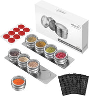 Set di contenitori per erbe magnetiche - 8 pezzi - 100 ml - Con coperchi e etichette - Contenitori in acciaio inossidabile per erbe - Maniglia per frigorifero - Coperchio trasparente - Contenitori magnetiche per erbe e spezie
