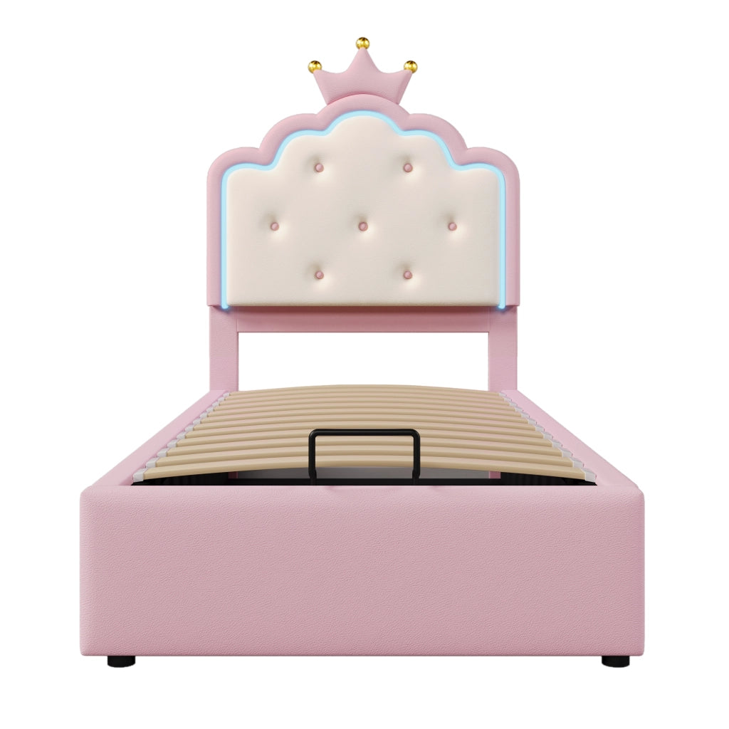 DESMIU Letto bambino 90 × 200 cm con LED, vano idraulico, senza materasso, in PU, rosa
