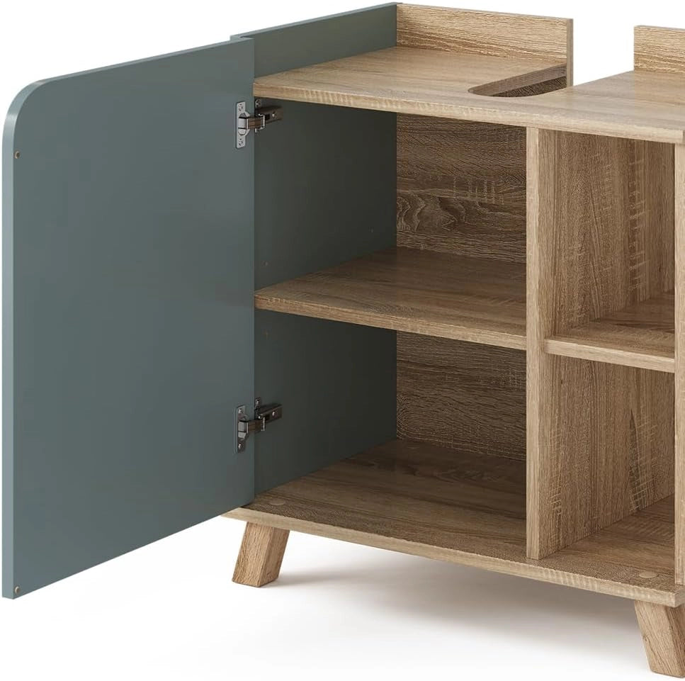 Mobiletto per lavabo Karen, Sonoma/blu, 60 x 65 cm con porta e vani aperti, con ritaglio per sifone per il montaggio sotto il lavabo