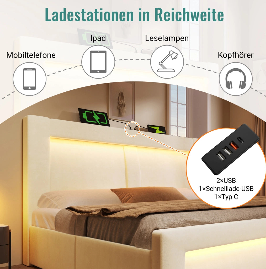 Letto singolo 90x200 con contenitore LED USB/Type-C in velluto beige