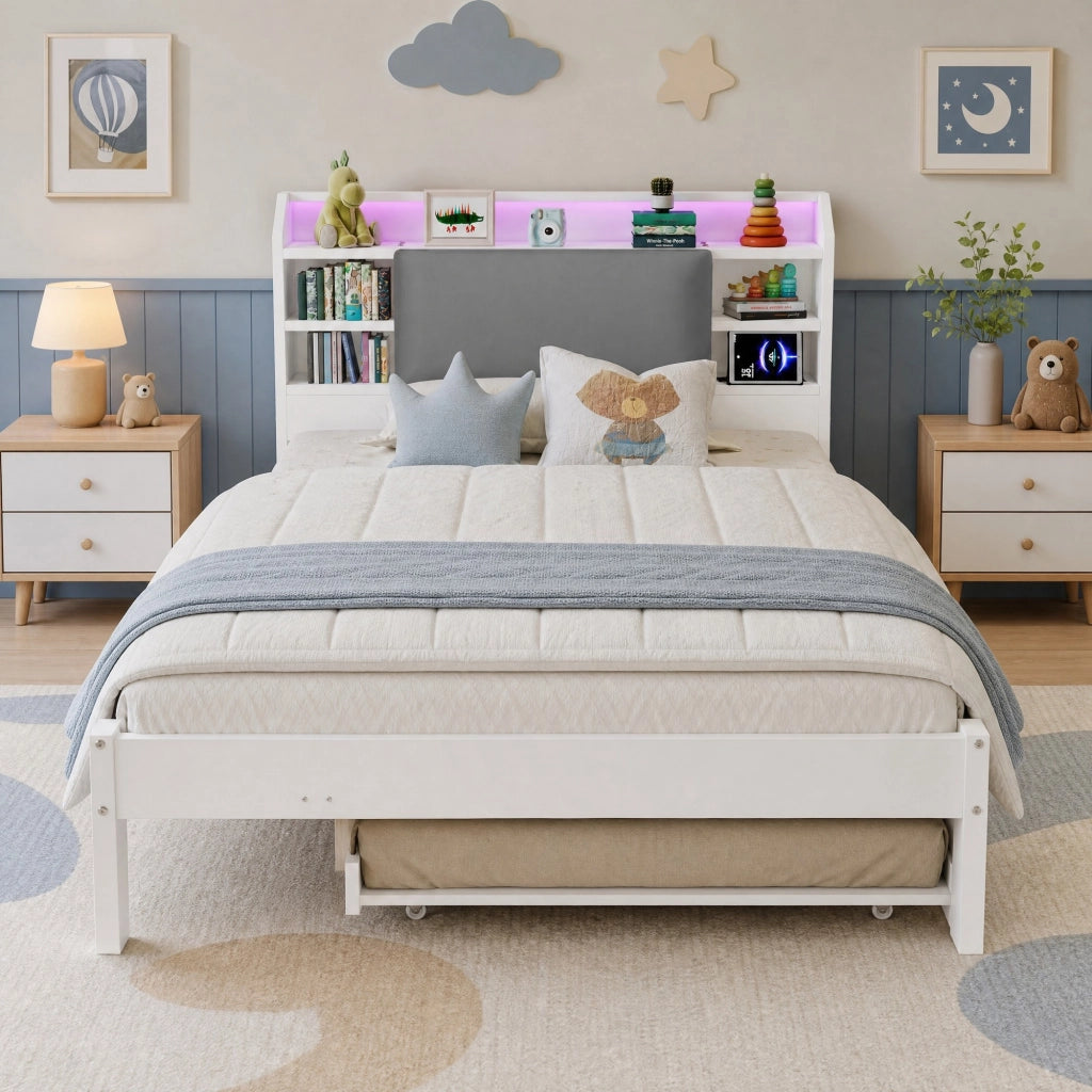 Letto in legno 120x200 cm con letto estraibile e LED