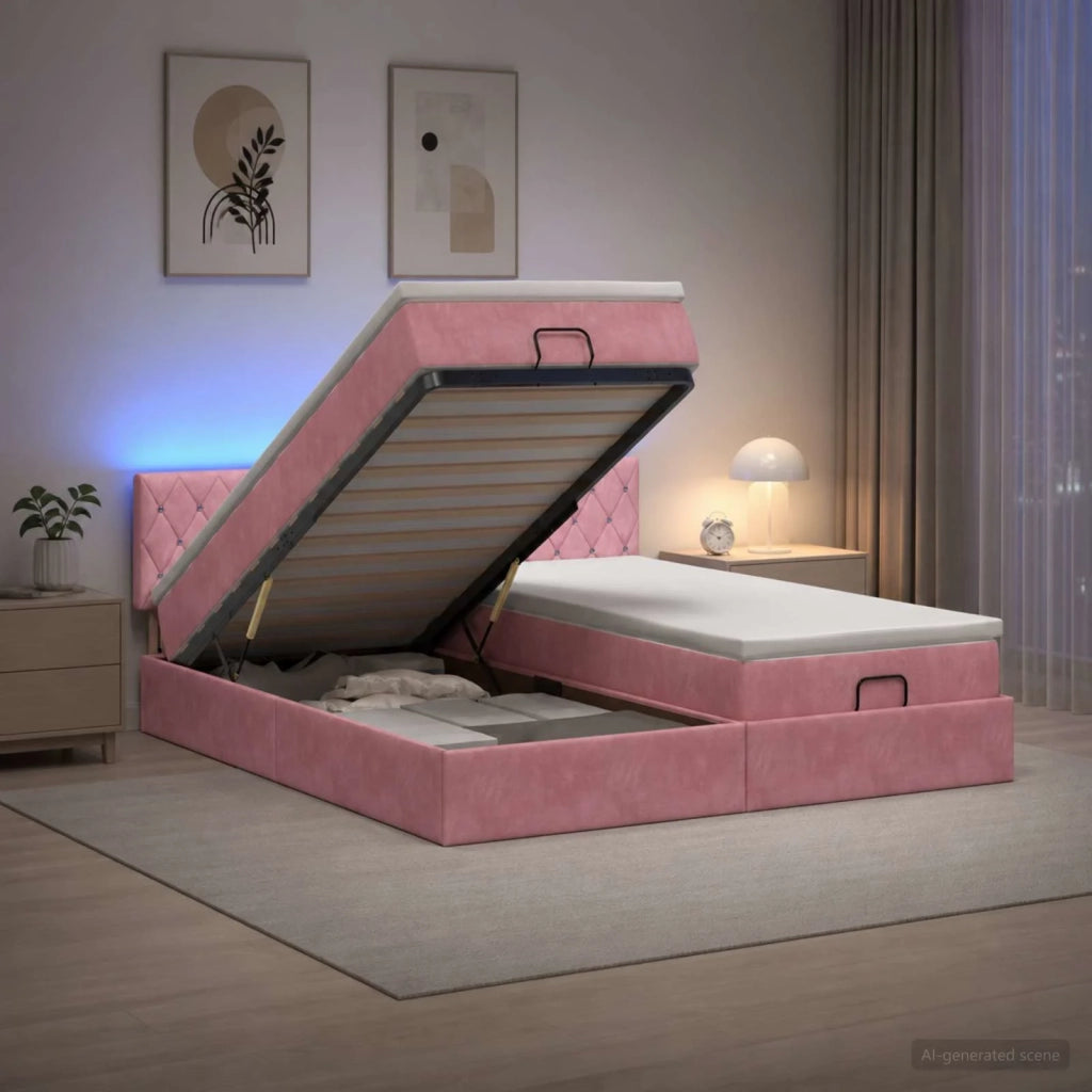 Letto Ottomano con Materasso e LED Rosa 160 x 200 cm Velluto 3457313