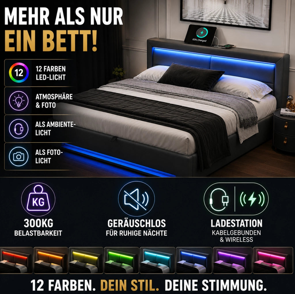 Letto imbottito 90 x 200 cm con USB, LED e vano contenitore nero