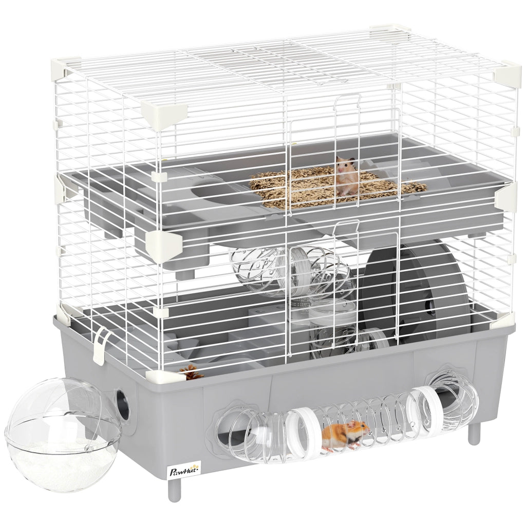 Gabbia per Criceti a 2 Livelli 44,5x28x44 cm 3 Porte Ruota e Tubi in Acciaio Grigio e Bianco
