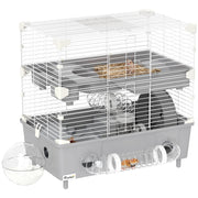 Gabbia per Criceti a 2 Livelli 44,5x28x44 cm 3 Porte Ruota e Tubi in Acciaio Grigio e Bianco