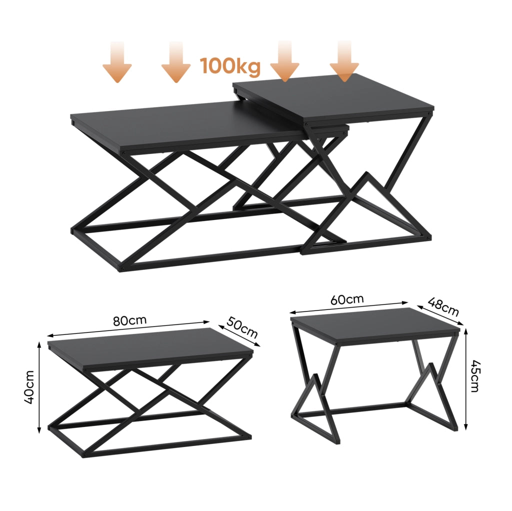 Tavolino da caffè 80x50x40 cm con struttura geometrica in metallo e truciolato nero