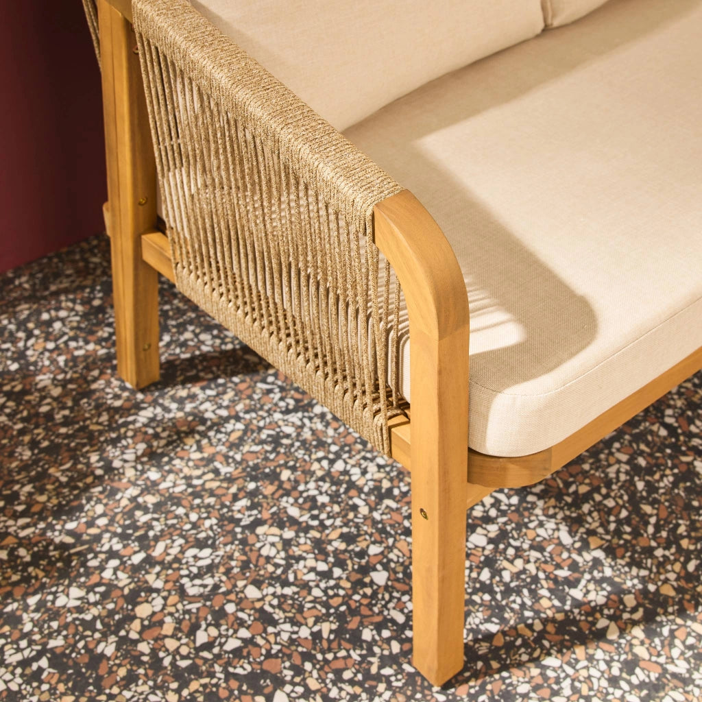 Divano da esterno in legno di acacia e corde, 3 posti, beige