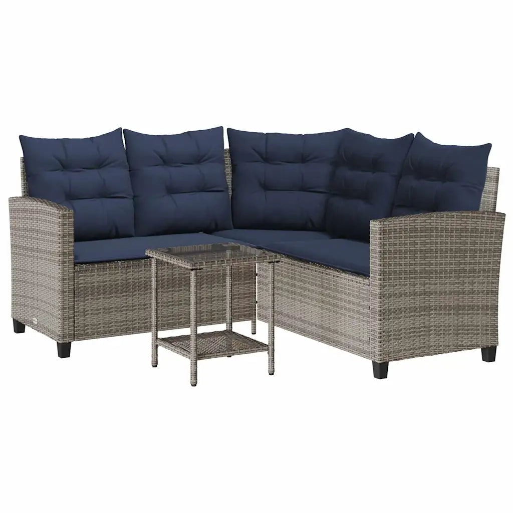 Divano da Giardino con Tavolo e Cuscini a L Grigio Polyrattan