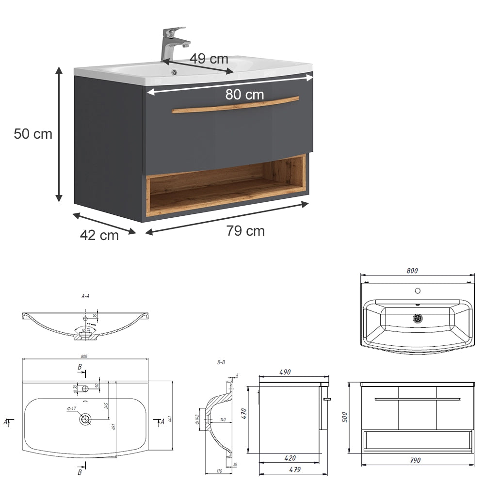 Vicco Set mobili da bagno Antracite 2 parti