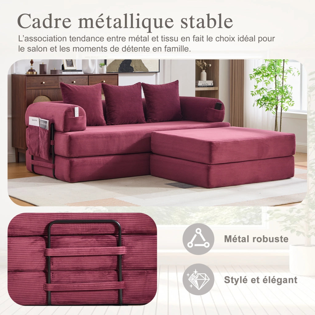 Divano modulare con pouf componibile tasca laterale e 3 cuscini struttura in metallo velluto a coste bordeaux