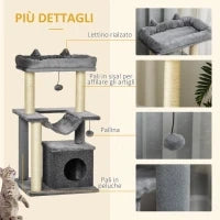 Albero Tiragraffi con Corde Sisal, Casetta e Amaca, Rivestimento Peluche e Feltro, Altezza 100cm, Grigio