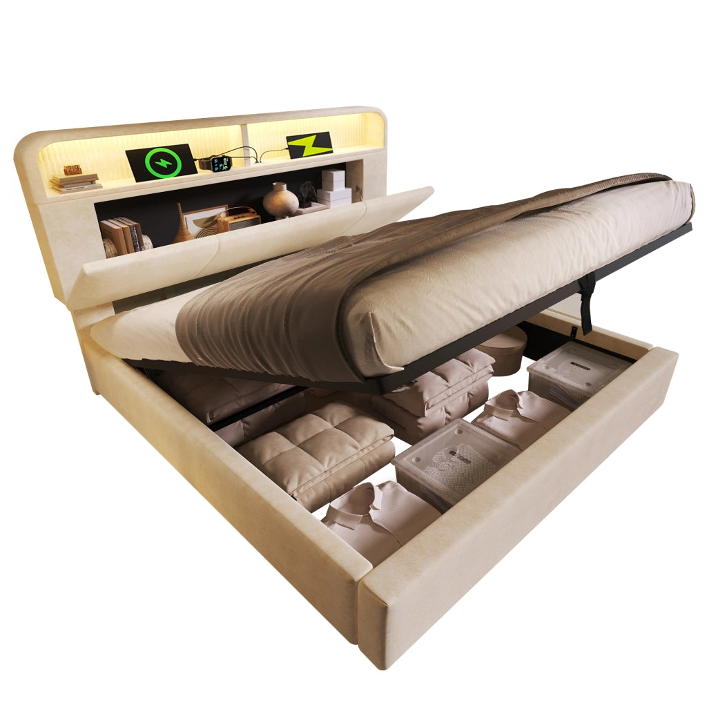 OKWISH Letto Contenitore 140×200 cm, Letto Matrimoniale con LED Regolabile, USB, Tipo C e Testiera Regolabile, con Materasso, in Velluto, Beige
