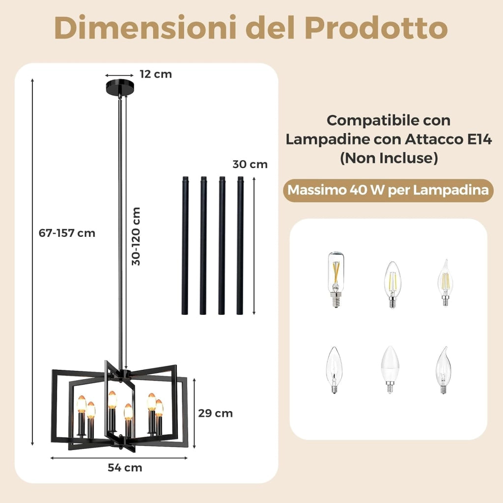 Lampadario a Sospensione a 6 Luci, Lampada a Sospensione Geometrica Moderna in Metallo Industriale con Altezza Regolabile, Lampada da Soffitto per Cucina, Salotto e Camera da Letto (Nero)