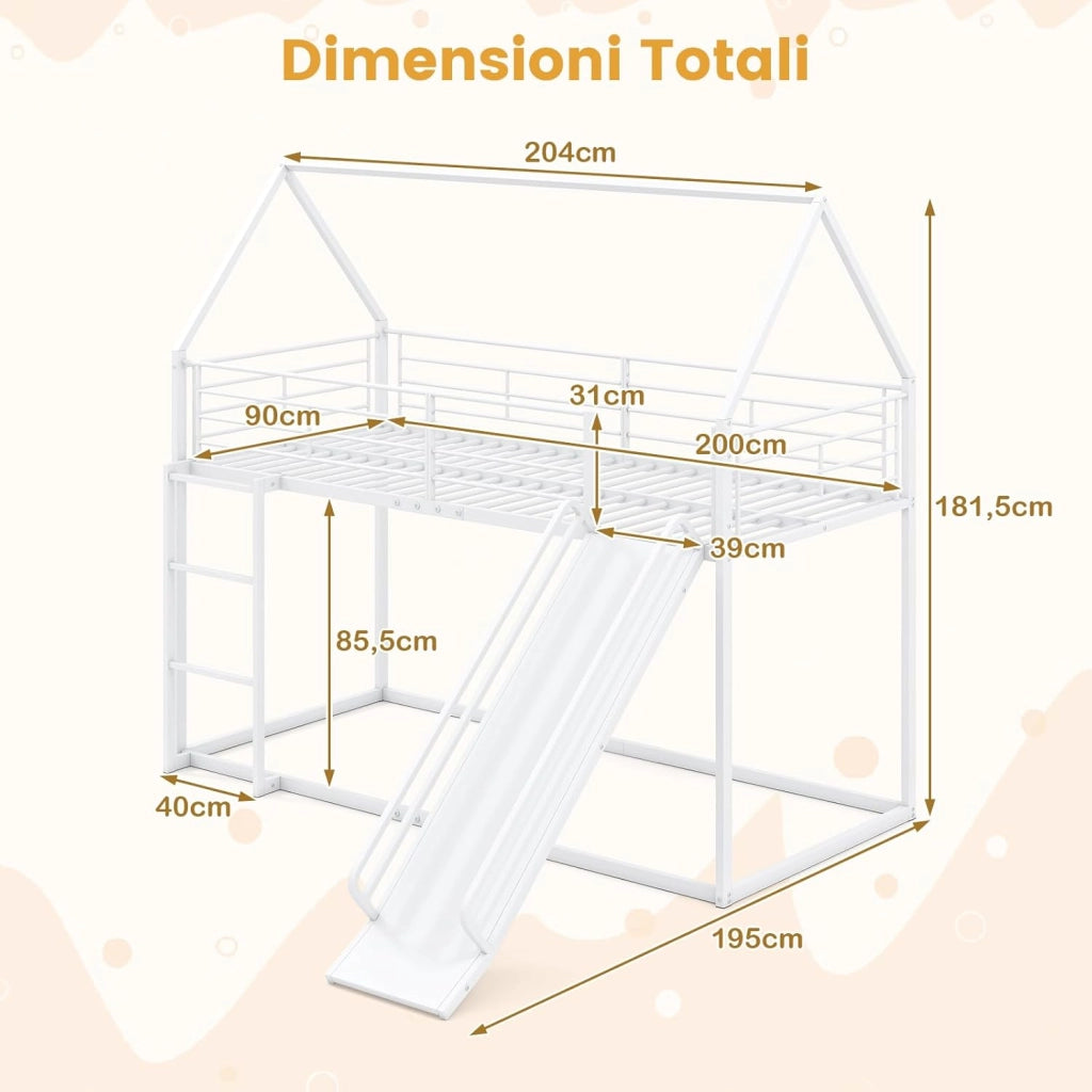 Letto a Castello per Bambini 90x200 cm, Letto Montessori con Scivolo Scala, Struttura in Metallo e Sponda di Sicurezza, Forma di Casa, senza Bisogno di Rete a Molle, Portata 110 kg (Bianco)