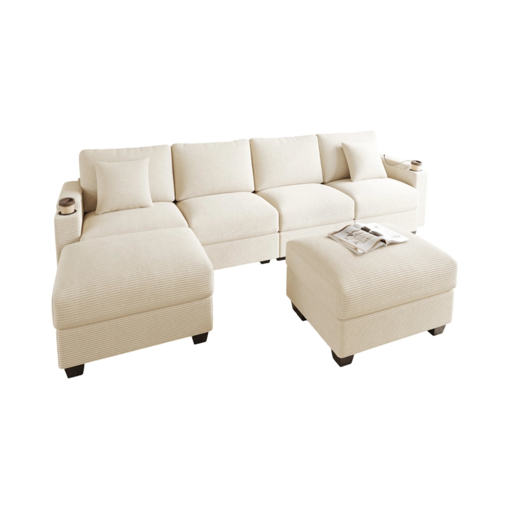 Divano modulare angolare in corduroy beige con USB, supporto telefono, contenitore e cuscini