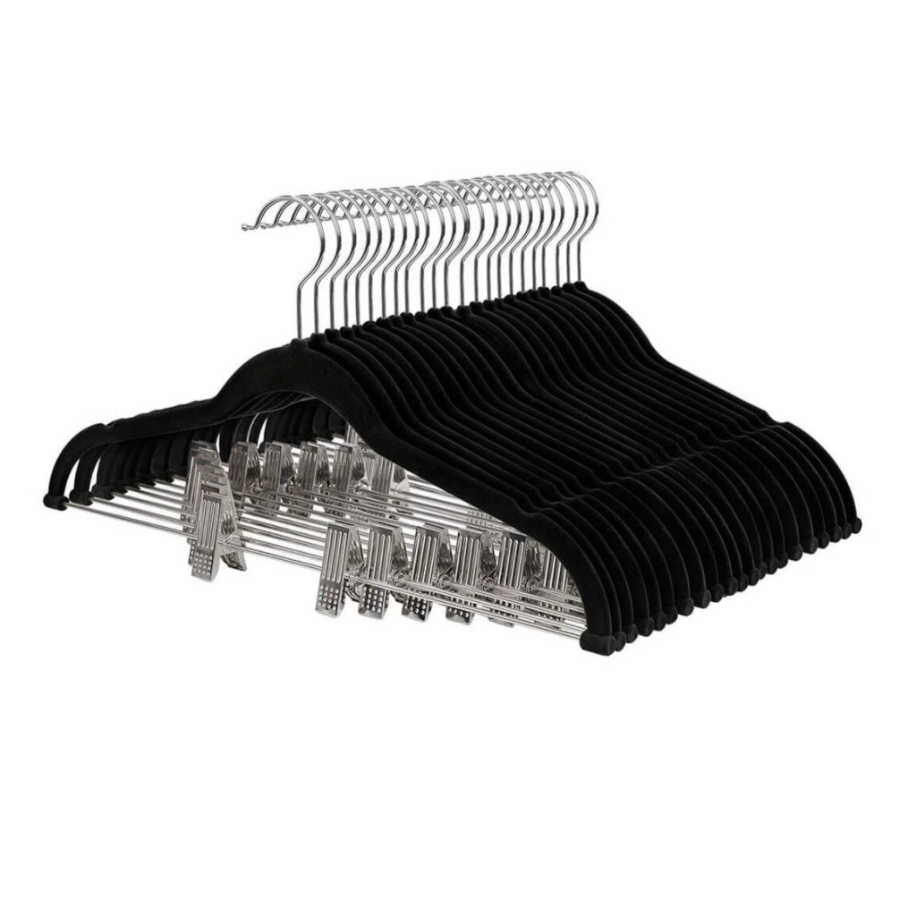 Set di 12 grucce in velluto con tacche e clip sottili antiscivolo salvaspazio gancio girevole per abiti camicie giacche cappotti lunghezza 42,5 cm nero 12_0003483
