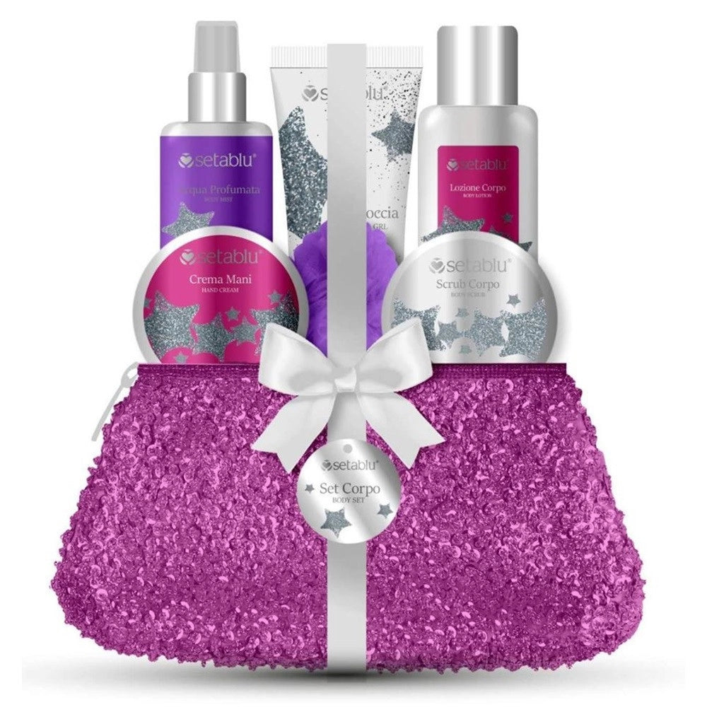 Trade Shop - Set Regalo 6pz Acqua Profumata Crema Mani Lozione Scrub Corpo Bagnodoccia Pochette Glitter -
