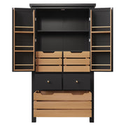 Credenza Alta da Cucina con 2 Ante; 5 Cassetti e 2 Ripiani Fissi; con Dispositivo Antiribaltamento; in MDF e Metallo; 80x40x140 cm; Nero