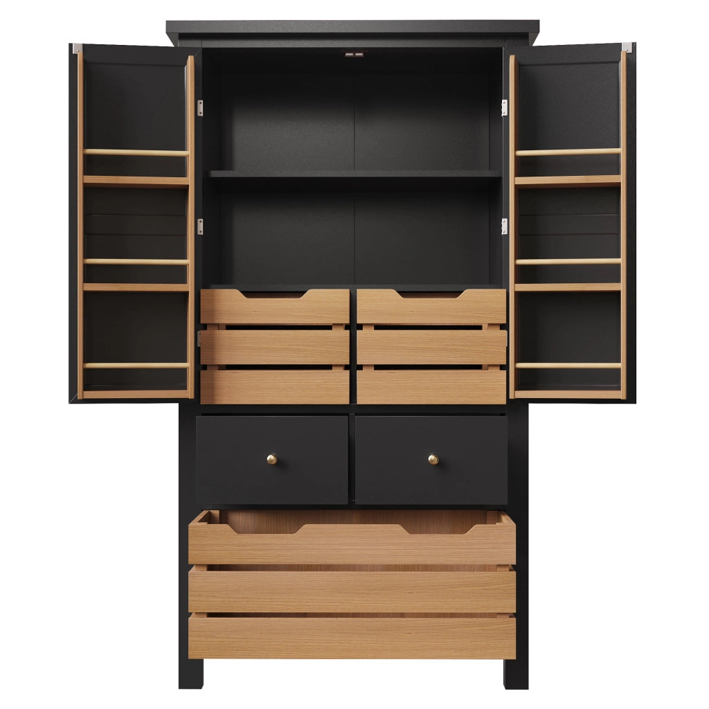 Credenza Alta da Cucina con 2 Ante; 5 Cassetti e 2 Ripiani Fissi; con Dispositivo Antiribaltamento; in MDF e Metallo; 80x40x140 cm; Nero