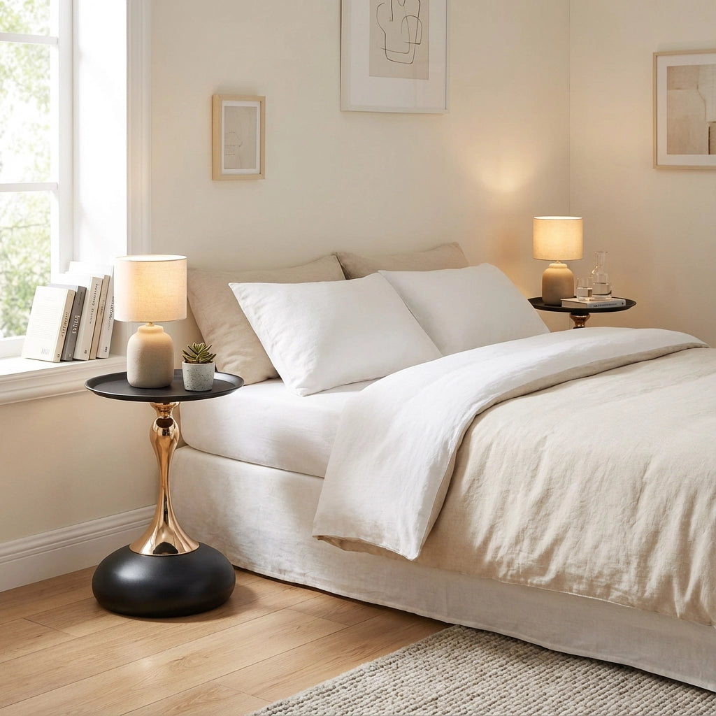 Tavolino basso rotondo con struttura in metallo, stile moderno, per soggiorno e camera da letto, in carbon steel, nero e oro
