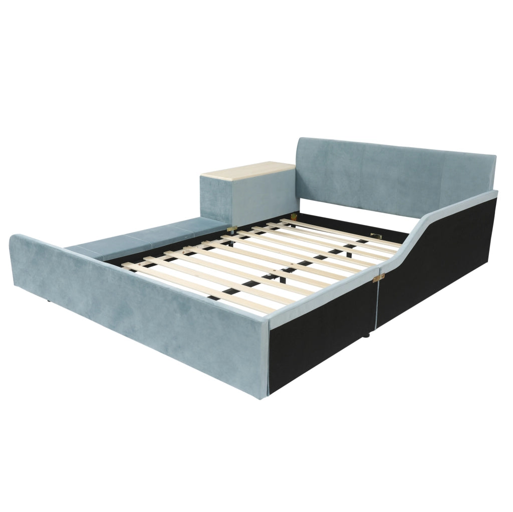 Letto singolo imbottito con scrivania laterale e sgabello, 140x200 cm, velluto blu