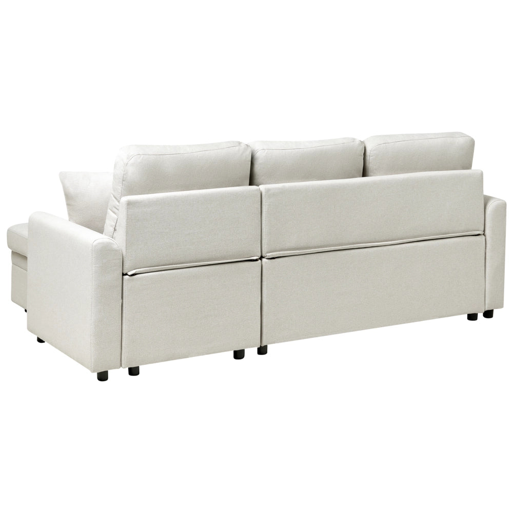 Divano letto angolare con contenitore lato sinistro beige chiaro rivestimento in poliestere effetto lino contenitore cuscini design moderno