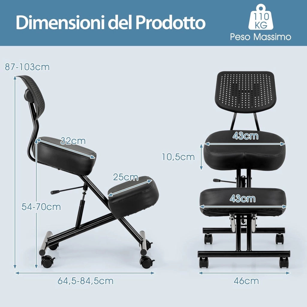 Sedia Ergonomica Inginocchiata con Schienale e Ruote, Sedia da Ginocchio Regolabile Posturale Struttura in Metallo, Sgabello Ergonomica per Casa e Ufficio (con Schienale)