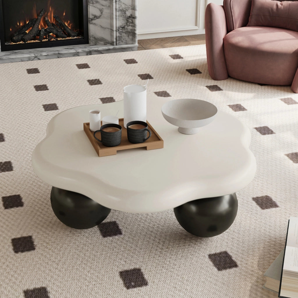 Tavolino basso a nuvola bicolore con gambe sferiche, MDF, per soggiorno e piccoli spazi, bianco nero, Ø 80 × 35 cm