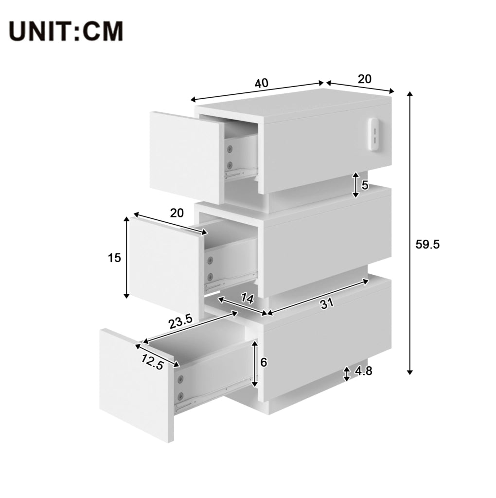 Set di 2 comodini stretti con 3 cassetti; USB e Type-C; LED; 20x40x59;5 cm; bianco