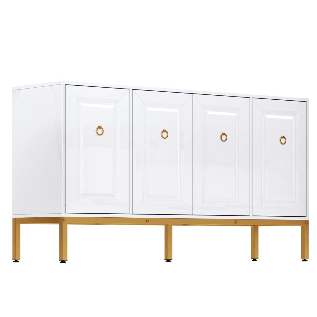 Credenza bianca lucida con gambe in metallo dorato e ripiani regolabili per soggiorno, 140 × 40 × 80 cm