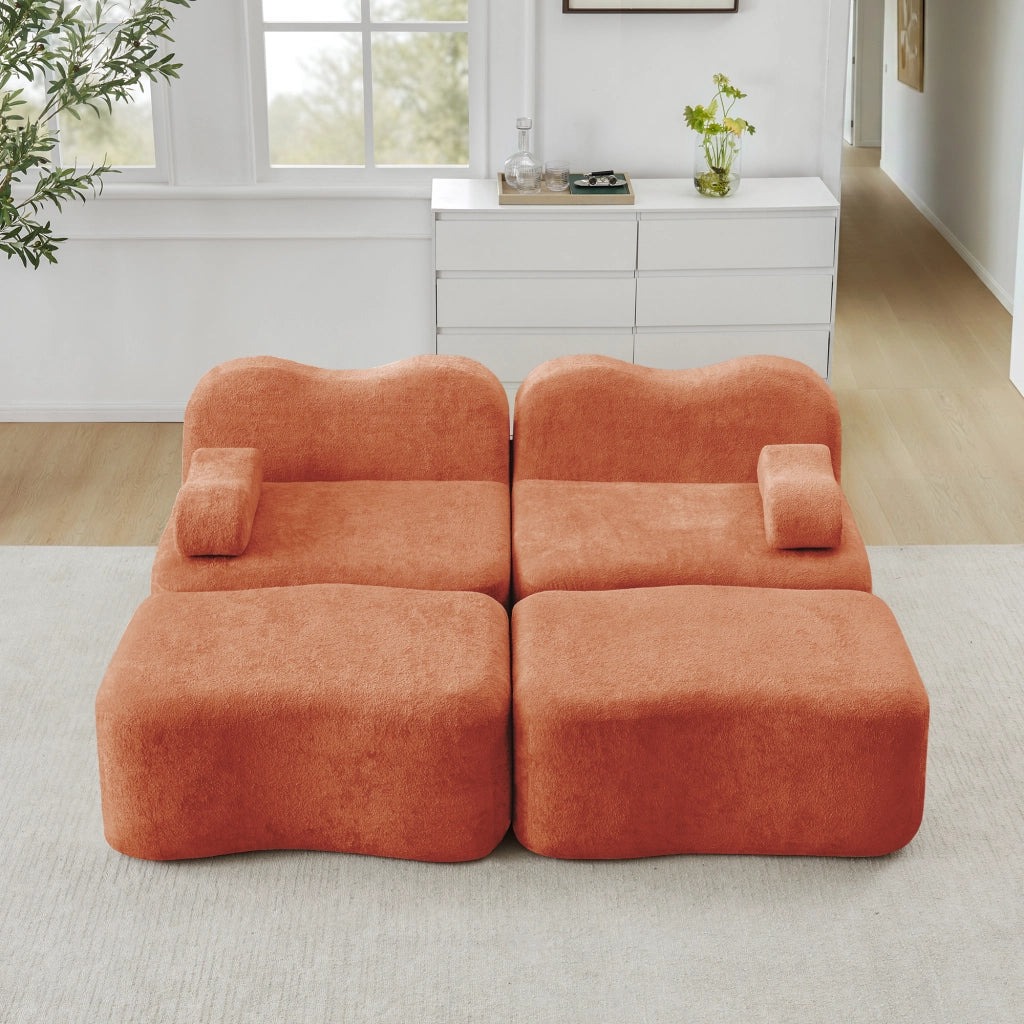 Divano modulare a 2 posti senza struttura interna con 2 pouf e cuscini bracciolo mobili in velluto arancione