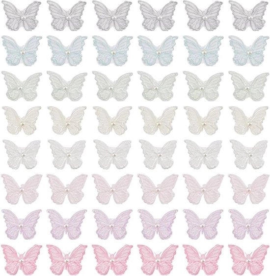48 Pezzi 8 Colori Patchi Farfalla a Reticolo - Doppia Lastra 3D Patchi Farfalla Organza - Imitazione Perla Patchi Sartoriale Ricamo DIY per Festa Matrimonio